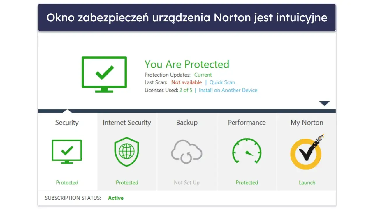 Interfejs Norton Antivirus pokazuje status