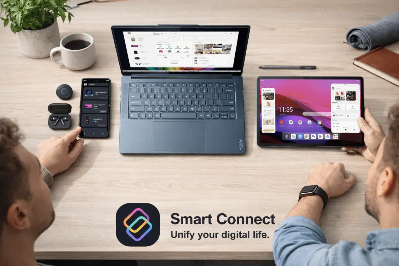 Jak połączyć telefon z laptopem? Na biurku leżą smartfon, słuchawki, tablet i laptop. Obok nich logo Smart Connect.