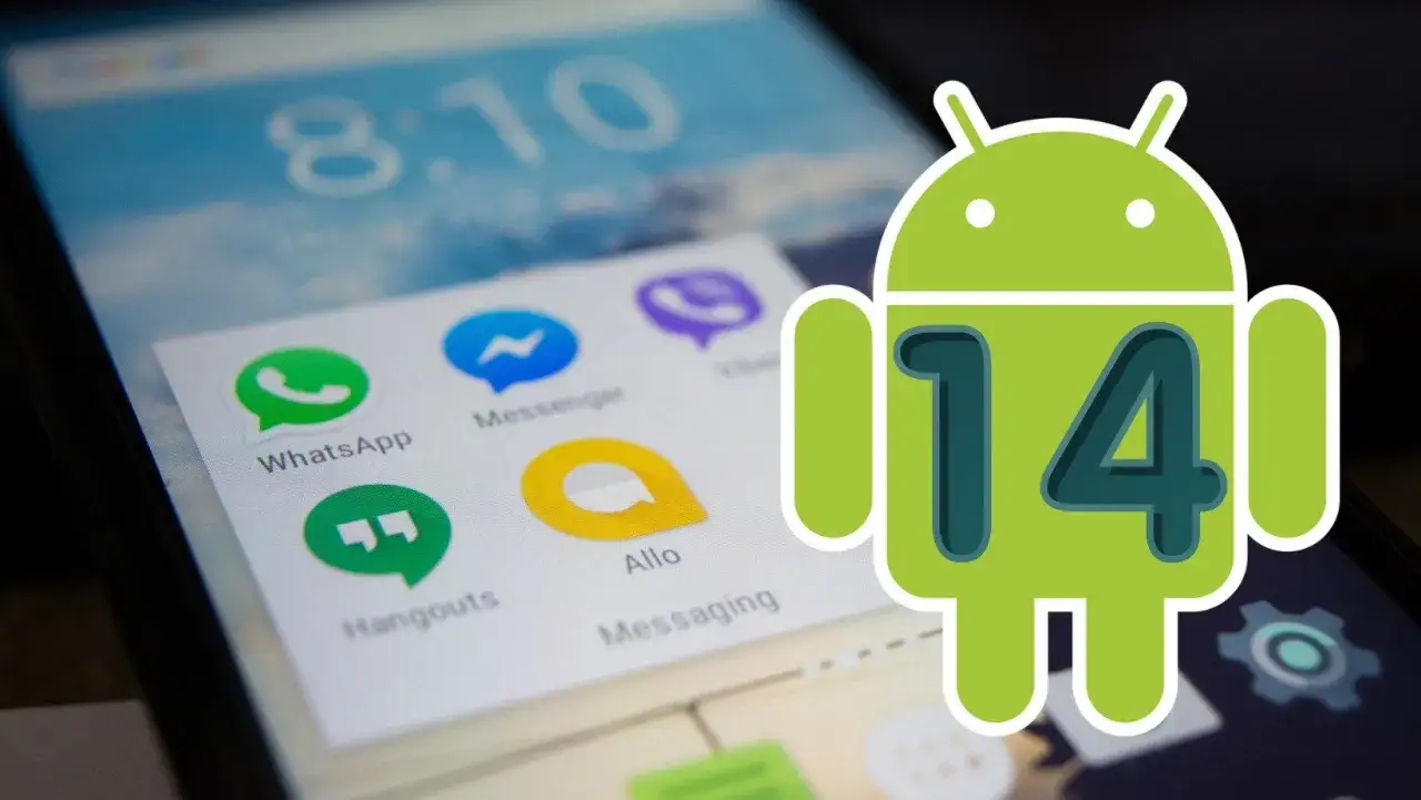 Ikona Androida z numerem 14 na ekranie smartfona z widocznymi aplikacjami, takimi jak WhatsApp.