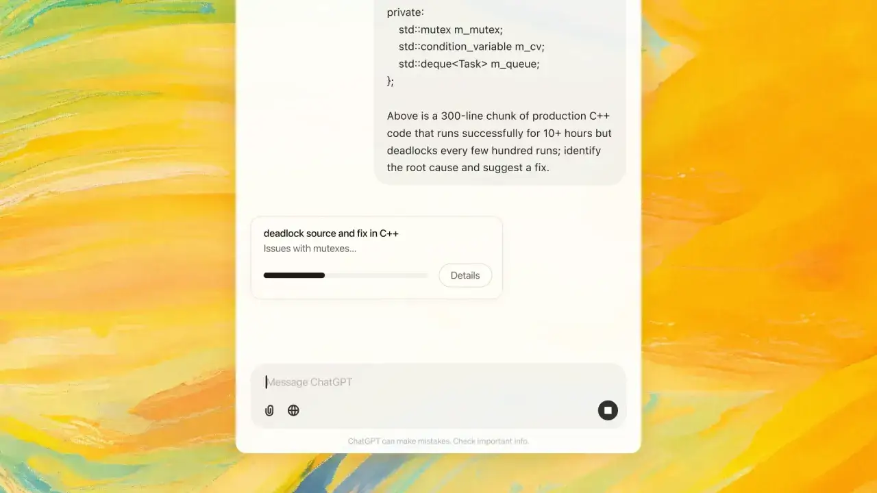 Chat GPT Pro analizuje kod C++, szukając przyczyn problemów z blokadami (deadlock) i proponując rozwiązanie.