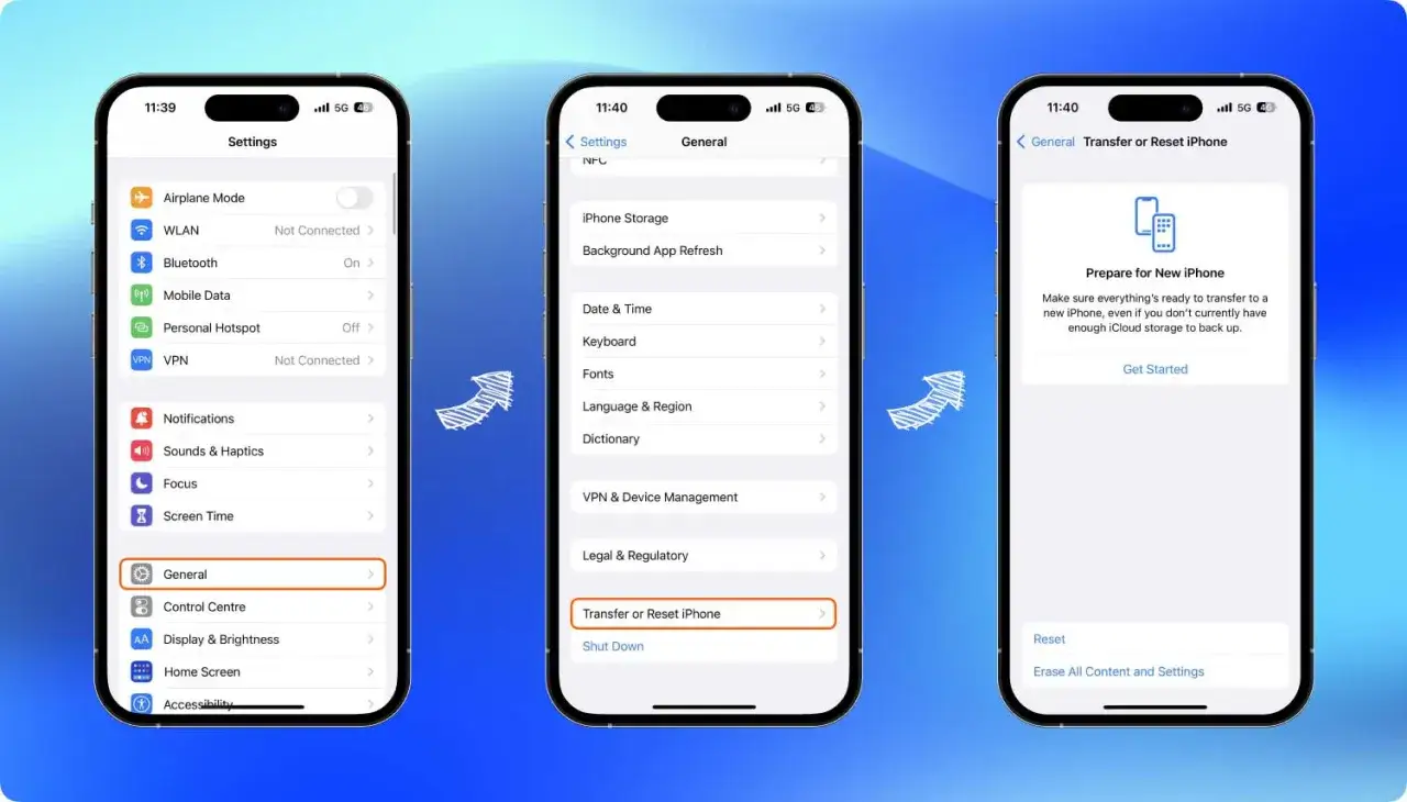 Instrukcja krok po kroku, jak przywrócić telefon do ustawień fabrycznych: Ustawienia > Ogólne > Przenieś lub zresetuj iPhone'a.