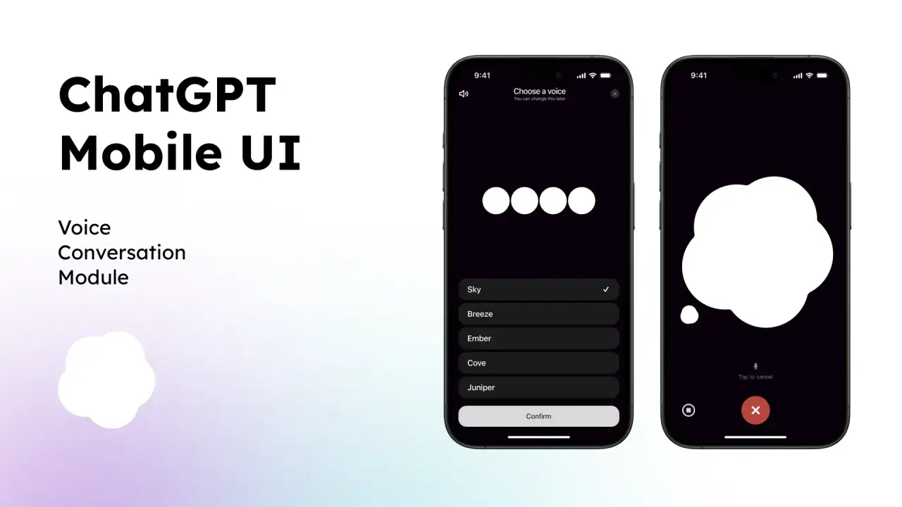 Interfejs mobilnej aplikacji ChatGPT. Wybór głosu dla rozmowy, z opcjami Sky, Breeze, Ember, Cove, Juniper.
