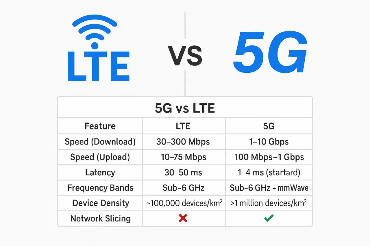 Porównanie 5G i LTE: 5G oferuje znacznie wyższe prędkości pobierania i wysyłania, niższe opóźnienia i większą gęstość urządzeń niż LTE.