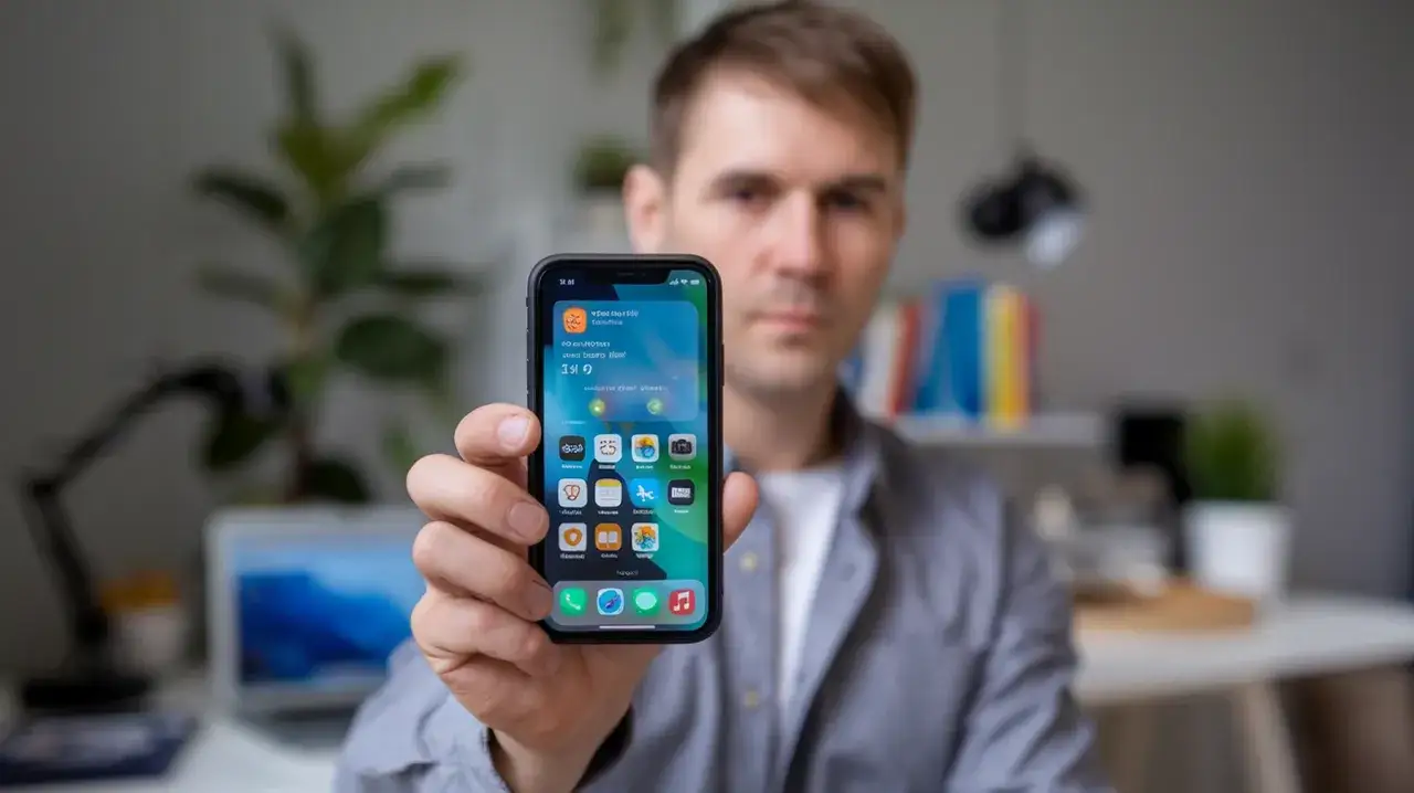 Mężczyzna pokazuje ekran telefonu z ikonami aplikacji, wyjaśniając, jak ustawić budzik w telefonie.