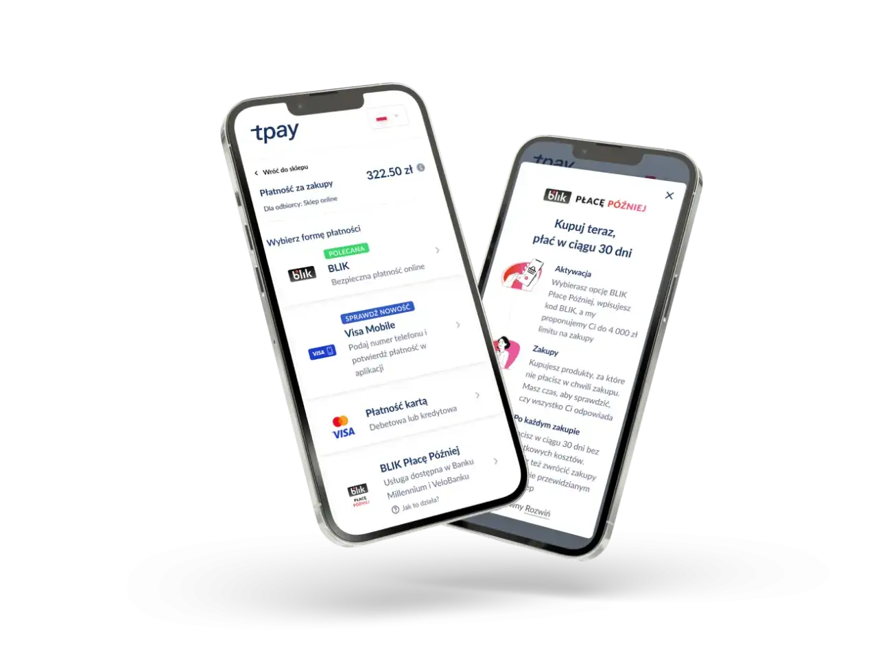 Dwa telefony prezentujące płatności tpay. Na jednym opcje BLIK i Visa Mobile, na drugim BLIK Płacę Później.