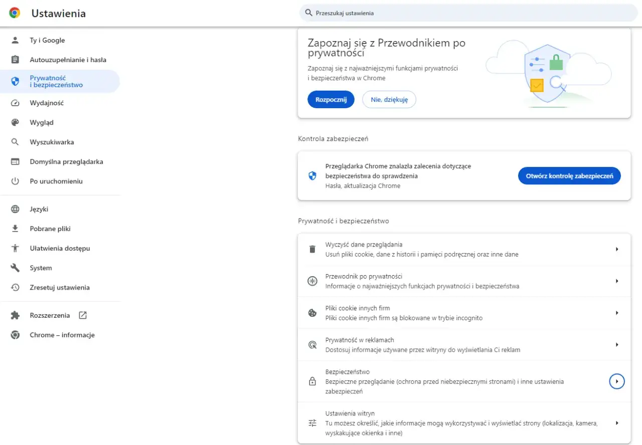 Ustawienia prywatności i bezpieczeństwa w apce Chrome. Przewodnik po prywatności, kontrola zabezpieczeń i ustawienia witryn.