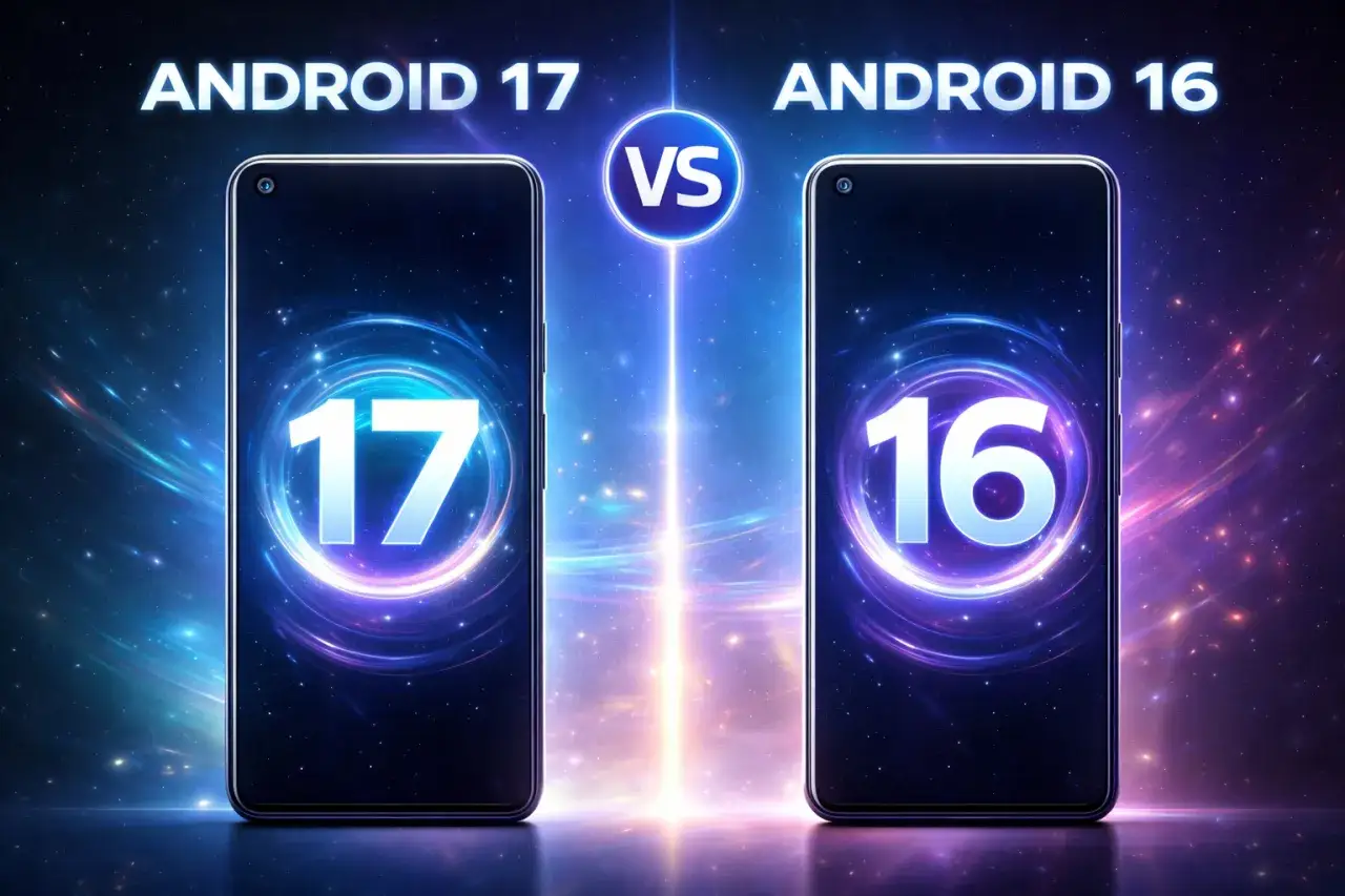 Dwa telefony z numerami 17 i 16 na ekranach, porównujące jaki jest najnowszy android.