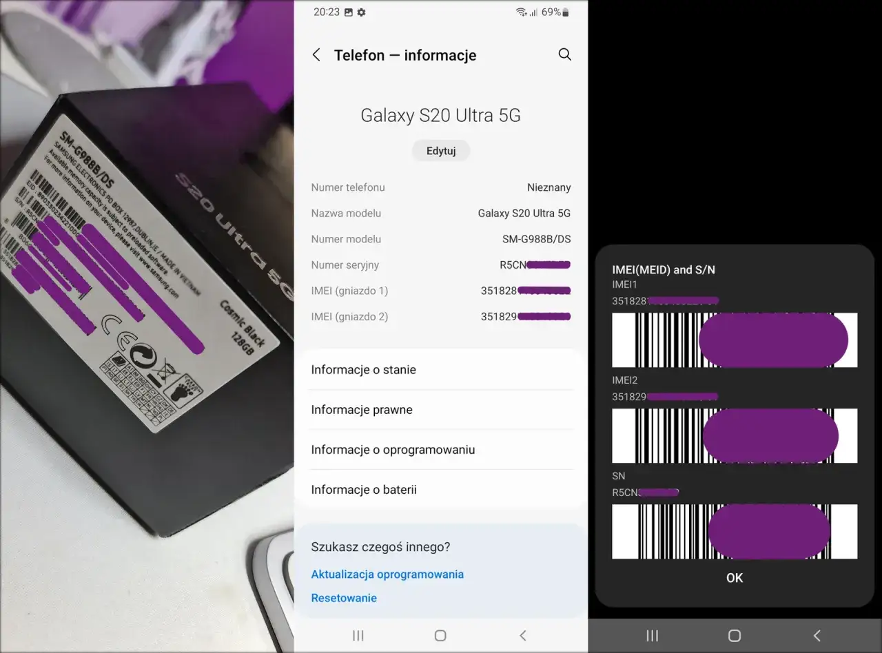 Jak sprawdzić jaki mam telefon? Na ekranie telefonu Samsung Galaxy S20 Ultra 5G widać numer modelu, IMEI i numer seryjny.