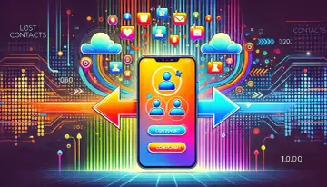 Kolorowy ekran telefonu z ikonami kontaktów i chmurami. Strzałki sugerują proces przywracania kontaktów w telefonie.