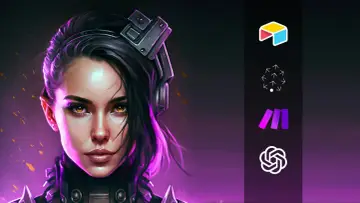 Cyberpunkowy awatar kobiety z neonowym blaskiem i futurystycznymi słuchawkami. Obok ikony technologii.