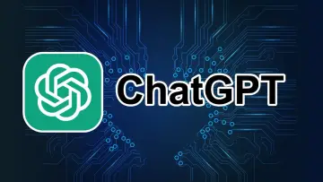 Logo ChatGPT i napis "ChatGPT" na tle obwodów drukowanych.