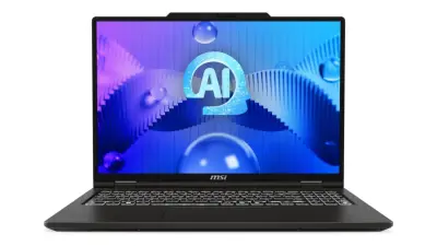 Czarny laptop MSI z podświetlaną klawiaturą, na ekranie logo AI w kształcie głowy, symbolizujące moc obliczeniową npu.
