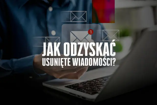 Odzyskaj usunięte wiadomości dzięki tej instrukcji. Widok osoby korzystającej z laptopa z ikonami poczty.