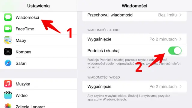 Ustawienia Wiadomości, włącz "Podnieś i słuchaj", by szybko odsłuchać pocztę głosową. Wystarczy unieść telefon do ucha.